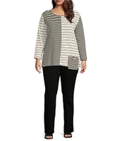 Ali Miles Plus Size Yarn-Dye Knit Printed Round Neck Long Sleeve Tunic