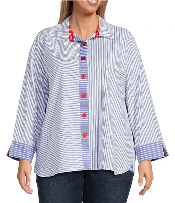 Ali Miles Plus Size Yarn Dye Stripe Point Collar Long Sleeves Hi-Low Hem Tunic