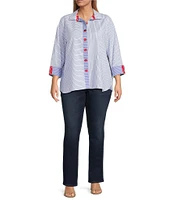 Ali Miles Plus Size Yarn Dye Stripe Point Collar Long Sleeves Hi-Low Hem Tunic