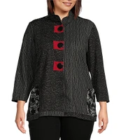 Ali Miles Plus Sze Knit Jacquard Mix Print Mandarin Collar Long Sleeve Button-Front Jacket