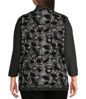 Ali Miles Plus Sze Knit Jacquard Mix Print Mandarin Collar Long Sleeve Button-Front Jacket