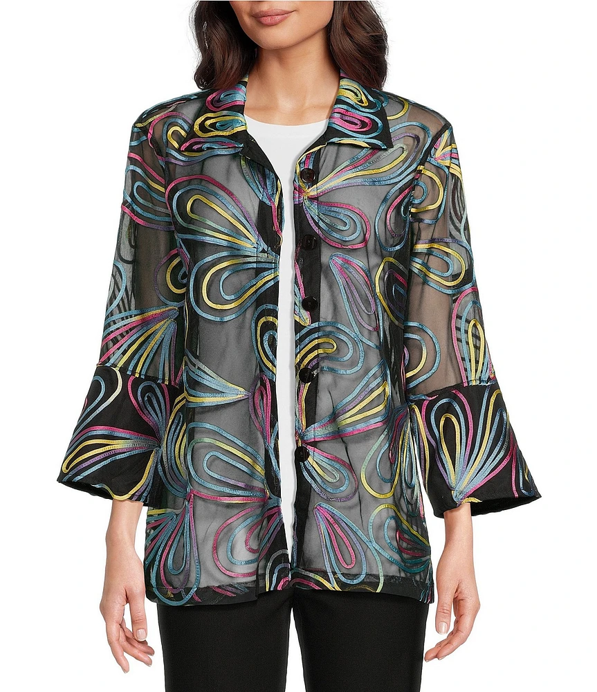Ali Miles Point Collar 3/4 Sleeve Mesh Soutache Embroidered Jacket