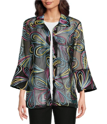 Ali Miles Point Collar 3/4 Sleeve Mesh Soutache Embroidered Jacket