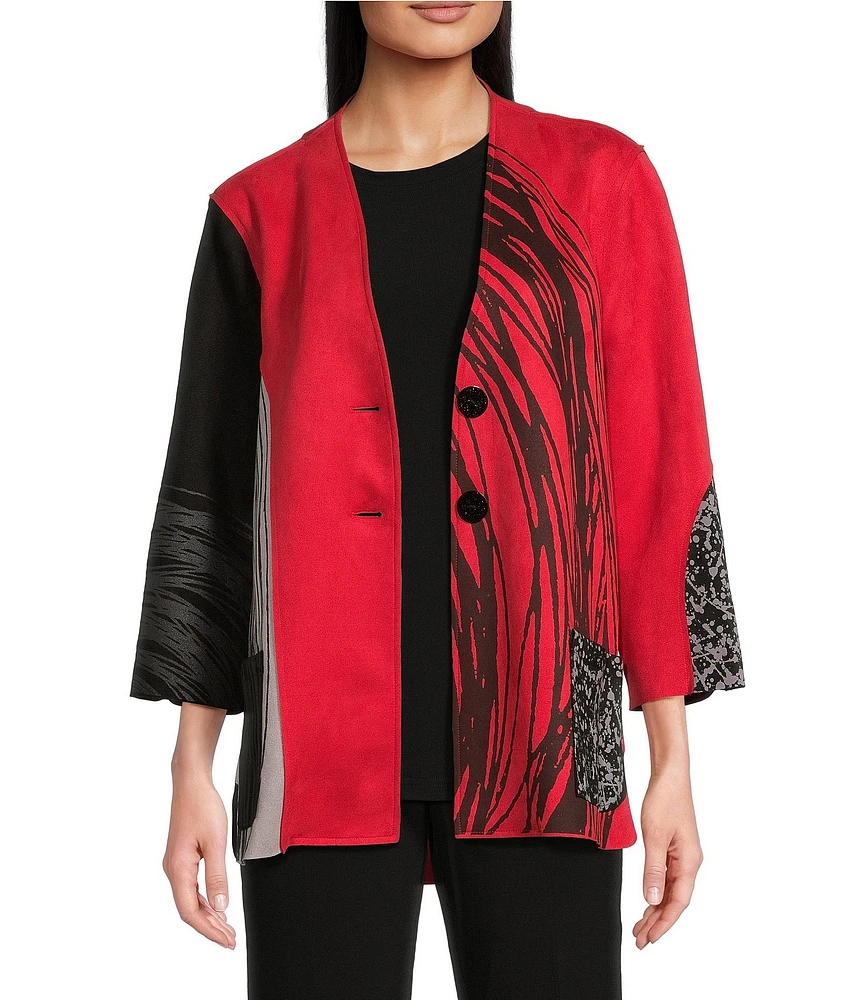 Ali Miles Print Faux Suede Collarless Long Sleeve Jacket