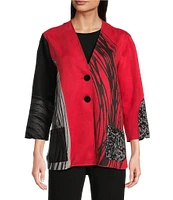 Ali Miles Print Faux Suede Collarless Long Sleeve Jacket