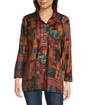 Ali Miles Printed Brushed Knit Wire Collar 3/4 Sleeve A-Line Tunic