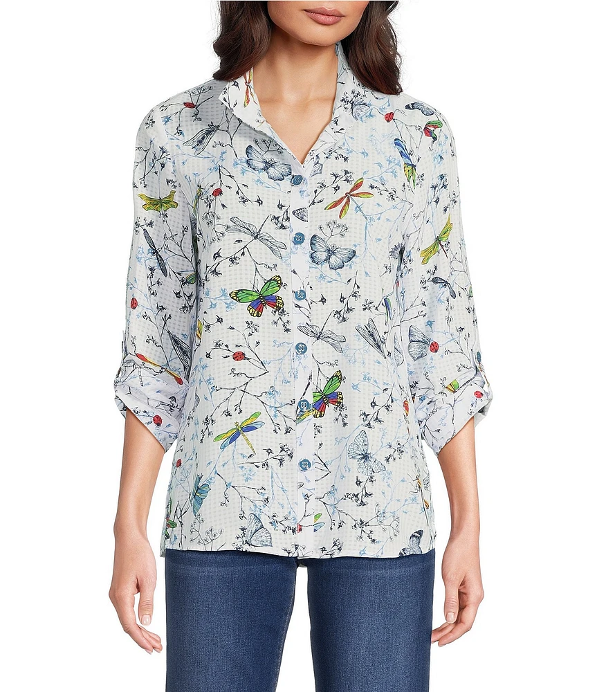 Ali Miles Printed Burnout Wire Collar 3/4 Roll-Tab Sleeve Button Front Tunic