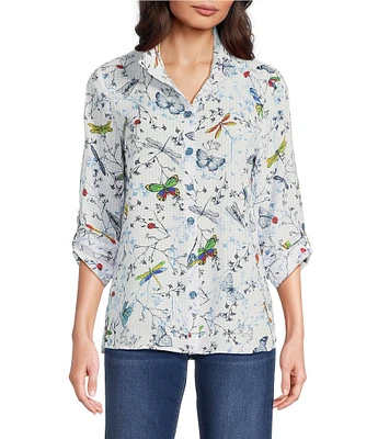 Ali Miles Printed Burnout Wire Collar 3/4 Roll-Tab Sleeve Button Front Tunic