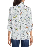 Ali Miles Printed Burnout Wire Collar 3/4 Roll-Tab Sleeve Button Front Tunic