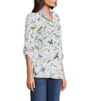 Ali Miles Printed Burnout Wire Collar 3/4 Roll-Tab Sleeve Button Front Tunic