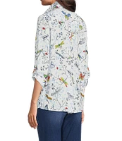 Ali Miles Printed Burnout Wire Collar 3/4 Roll-Tab Sleeve Button Front Tunic