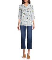 Ali Miles Printed Burnout Wire Collar 3/4 Roll-Tab Sleeve Button Front Tunic