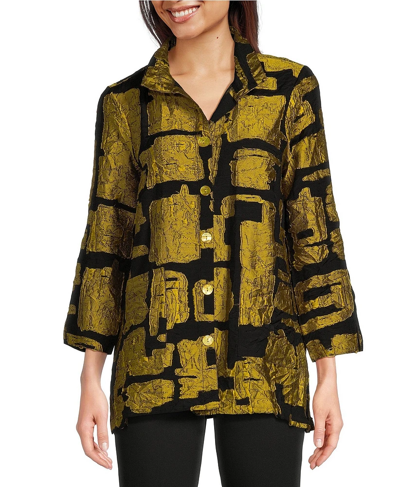 Ali Miles Printed Collared 3/4 Cuffed Sleeve Button Down Jacket