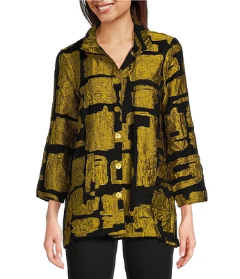 Ali Miles Printed Collared 3/4 Cuffed Sleeve Button Down Jacket