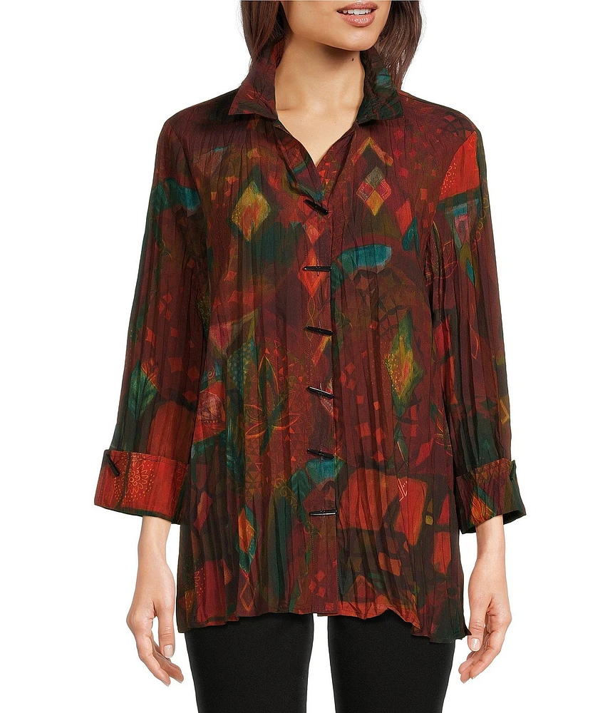 Ali Miles Printed Collared 3/4 Cuffed Sleeve Button Down Top