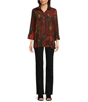 Ali Miles Printed Collared 3/4 Cuffed Sleeve Button Down Top