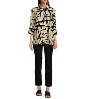 Ali Miles Abstract Printed Collared 3/4 Cuffed Sleeve Button Down Top