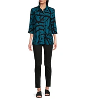 Ali Miles Abstract Printed Collared 3/4 Cuffed Sleeve Button Down Top