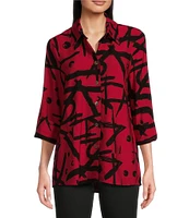 Ali Miles Abstract Printed Collared 3/4 Cuffed Sleeve Button Down Top