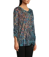 Ali Miles Abstract Print Crinkle Burnout Knit V Neckline Drawstring Front 3/4 Sleeve Tunic