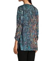 Ali Miles Abstract Print Crinkle Burnout Knit V Neckline Drawstring Front 3/4 Sleeve Tunic