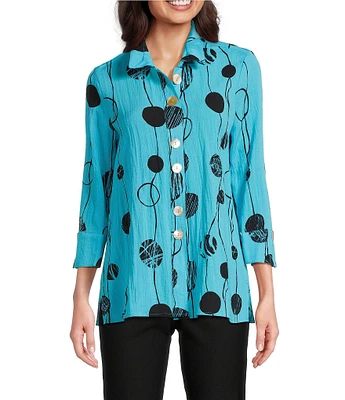 Ali Miles Printed Crinkle Wire Collar 3/4 Sleeve Button Front Tunic