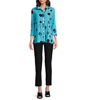 Ali Miles Printed Crinkle Wire Collar 3/4 Sleeve Button Front Tunic