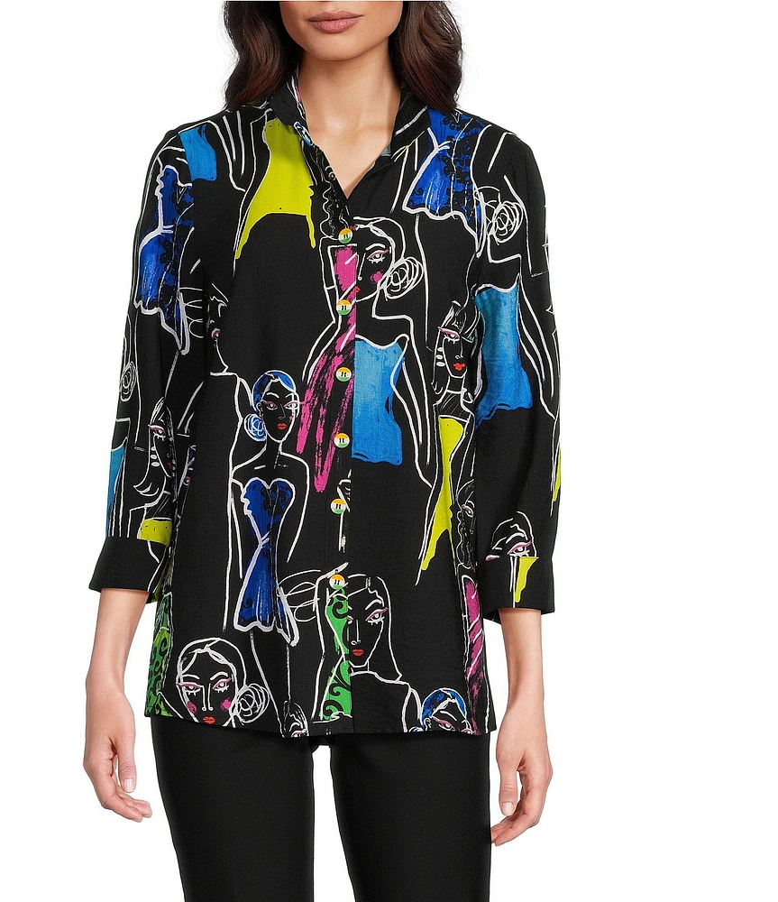 Ali Miles Printed Faces Wire Collar 3/4 Sleeve Button-Front Tunic