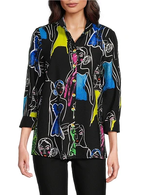 Ali Miles Printed Faces Wire Collar 3/4 Sleeve Button-Front Tunic