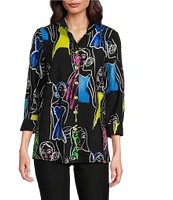 Ali Miles Printed Faces Wire Collar 3/4 Sleeve Button-Front Tunic