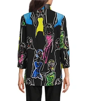 Ali Miles Printed Faces Wire Collar 3/4 Sleeve Button-Front Tunic