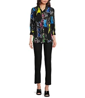 Ali Miles Printed Faces Wire Collar 3/4 Sleeve Button-Front Tunic