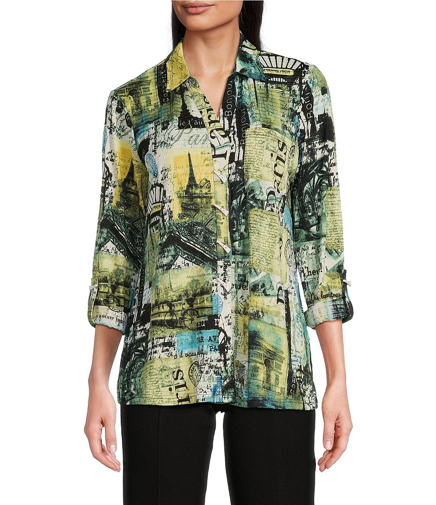 Ali Miles Abstract Printed Knit Jacquard Point Collar Neckline 3/4 Sleeve Tunic