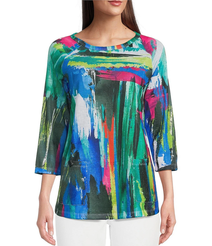 Ali Miles Printed Knit Round Neck 3/4 Raglan Sleeve Front Pocket Pull-On Tunic