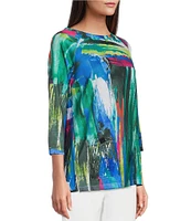 Ali Miles Printed Knit Round Neck 3/4 Raglan Sleeve Front Pocket Pull-On Tunic