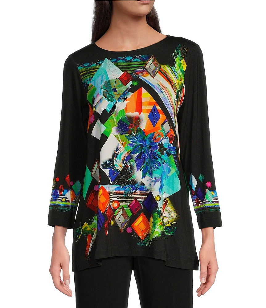 Ali Miles Printed Knit Round Neckline 3/4 Sleeve Top