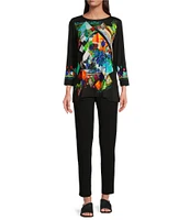 Ali Miles Printed Knit Round Neckline 3/4 Sleeve Top