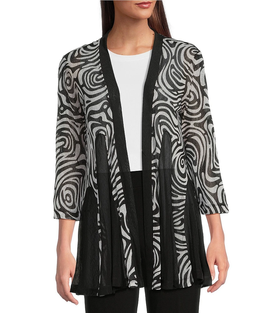 Ali Miles Printed Mesh Inset 3/4 Sleeve Open-Front Kimono