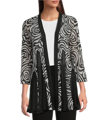 Ali Miles Printed Mesh Inset 3/4 Sleeve Open-Front Kimono