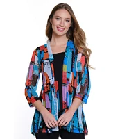 Ali Miles Printed Mesh Inset 3/4 Sleeve Open-Front Kimono