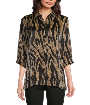 Ali Miles Printed Point Collar 3/4 Cuffed Sleeve Button Down Top