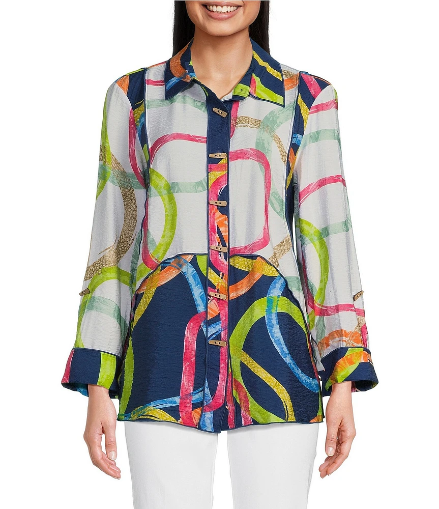 Ali Miles Printed Point Collar 3/4 Roll Tab Sleeve Button Front Tunic