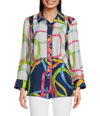 Ali Miles Printed Point Collar 3/4 Roll Tab Sleeve Button Front Tunic