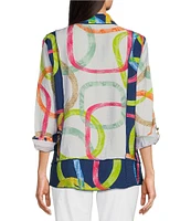 Ali Miles Printed Point Collar 3/4 Roll Tab Sleeve Button Front Tunic