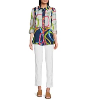 Ali Miles Printed Point Collar 3/4 Roll Tab Sleeve Button Front Tunic