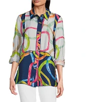 Ali Miles Printed Point Collar 3/4 Roll Tab Sleeve Button Front Tunic