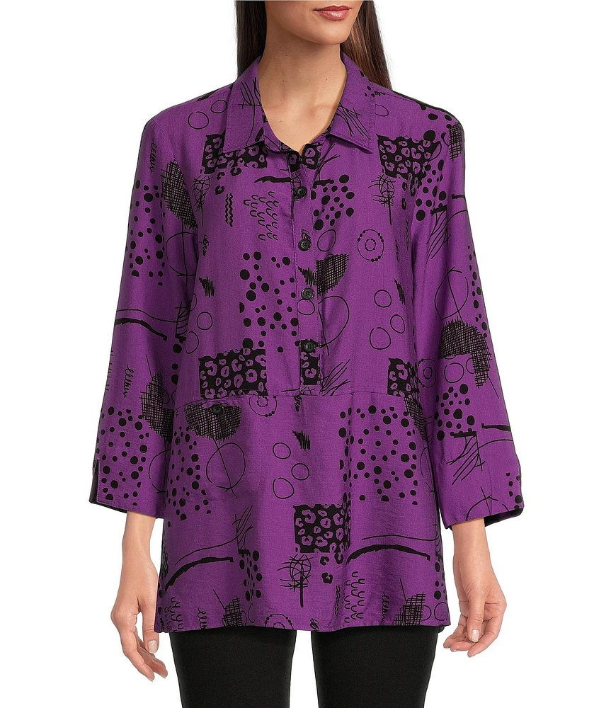 Ali Miles Abstract Printed Point Collar 3/4 Sleeve Button Down Top