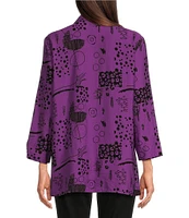 Ali Miles Abstract Printed Point Collar 3/4 Sleeve Button Down Top