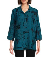 Ali Miles Abstract Printed Point Collar 3/4 Sleeve Button Down Top