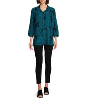 Ali Miles Abstract Printed Point Collar 3/4 Sleeve Button Down Top